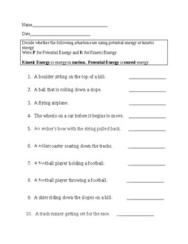 Preview of Kinetic and Potential Energy Worksheet