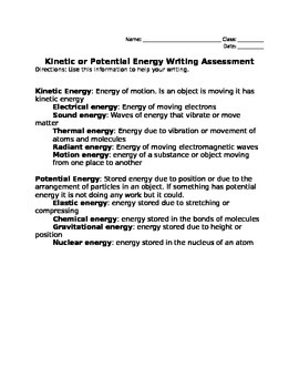 Preview of Kinetic and Potential Energy Writing Assessment
