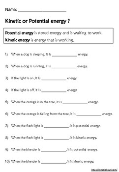Preview of Kinetic or Potential Energy Worksheets