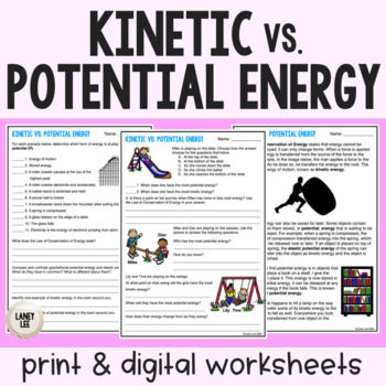 Preview of Kinetic vs. Potential Energy - Reading Comprehension Worksheets