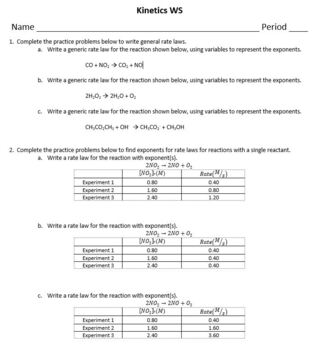 Kinetics Worksheet (Rate Laws) for General Chemistry by Chem Queen