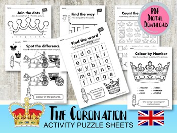 Preview of King Charles III, The Coronation, Puzzle Activity Sheets, Printable PDF download