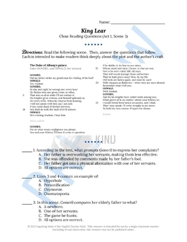 King Lear Close Reading Worksheets Bundle with Answer Keys