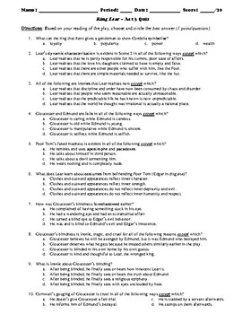 King Lear Act 3 Multiple Choice and Short Answer Quiz by Bradley Thompson