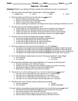 King Lear Act 4 Multiple Choice and Short Answer Quiz by Bradley Thompson
