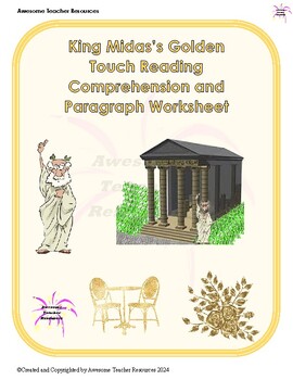 Preview of King Midas’s Golden Touch Reading Comprehension and Paragraph Worksheet GR 1