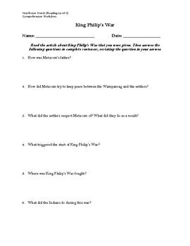 Preview of King Philip's War Article (Reading Level 2) Comprehension Worksheet