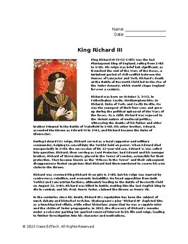 Preview of King Richard III Worksheet