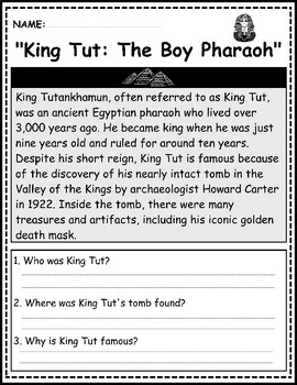 Preview of King Tut: 5 Reading Passages & Questions for K-2 | Ancient Egypt Activities