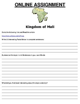 Preview of Kingdom of Mali ONLINE ASSIGNMENT (PDF/GOOGLE CLASSROOM)