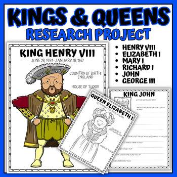 Preview of Kings and Queens of England Research Project, Coloring Page and Poster Bundle