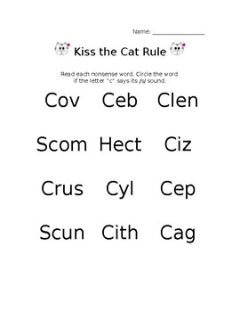 Kiss the Cat Nonsense Words by Kathy's Korner | TPT
