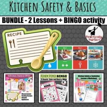 Preview of Kitchen Basics and Safety plus Kitchen Utensil BINGO Activity Worksheet & Slides