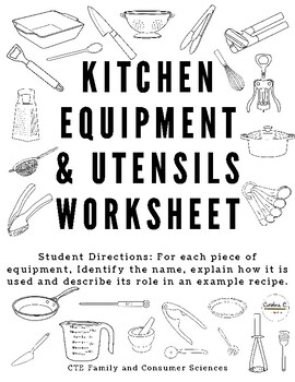 Preview of Kitchen Equipment and Utensils Worksheet (Culinary Arts or Hospitality)
