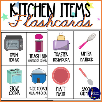 Preview of Kitchen Items Flashcards in English and Spanish