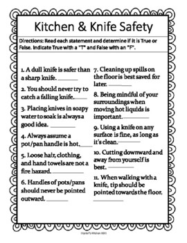 Preview of Kitchen & Knife Safety Worksheet