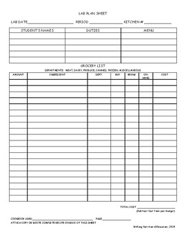 Kitchen Lab Plan Sheet by Wilfong Nutrition and Education | TPT