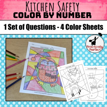 Preview of Kitchen Safety Review and Winter Color by Number Questions with 4 color sheets