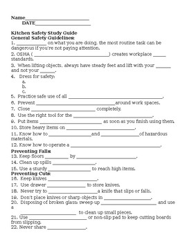Preview of Kitchen Safety Student Fill In Study Guide with Answer Key