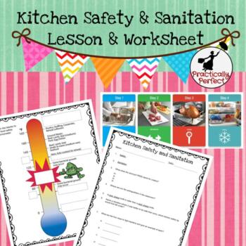 Preview of Kitchen Safety and Sanitation Lesson with Worksheet PPTX