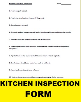 Preview of Kitchen Sanitation Inspection Form for Culinary Arts or FACS Students
