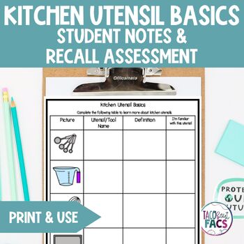 Preview of Kitchen Utensil Basics Student Notes and Two Assessments