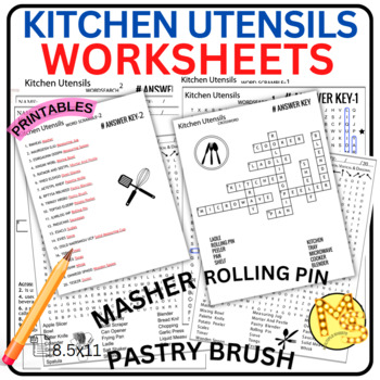 Preview of Kitchen Utensils Worksheets Crossword - Word Scramble - Word Search