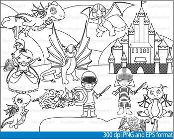 Preview of Knights Heroes Dragons Clip Art SCHOOL outline stamp coloring line Print -107