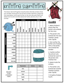 Preview of Knitting Submitting! - Critical Thinking Grid Logic Puzzle w/ Zentangle to Color