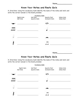 Know Your Notes and Rests Quiz Half Page by Heather Ducharme | TpT