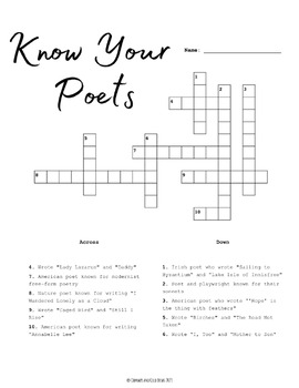 Know Your Poets Crossword Puzzle NO PREP by Commas and Cold Brews