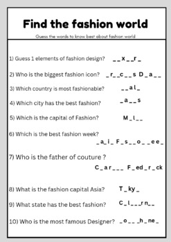 Preview of Knowledge of fashion world worksheet