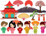 Kokeshi Japanese Dolls school Clip Art asian fans mount Fu