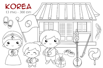 Preview of Korean Culture Traditition Couple Hanok Hanbok Family Digital Stamp Outline