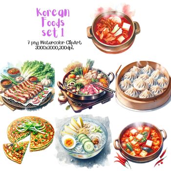 Preview of Korean Foods Set1 (A0126)Watercolor ClipArt Illustration Education Activity Prin