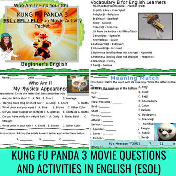 Preview of Kung Fu Panda 3 (Movie) Questions Bonus English "Descriptions" Vocabulary Sheets