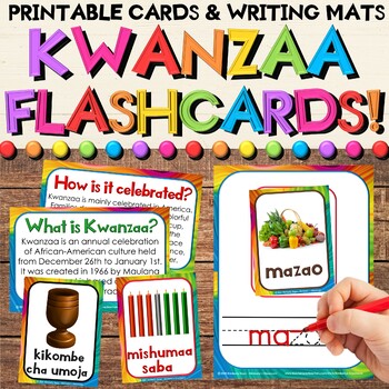 Preview of Kwanzaa Activities - Informational Cards, Vocabulary Flashcards, & Writing Mats