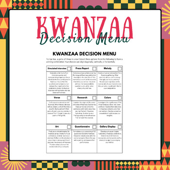 Preview of Kwanzaa Decision Menu | Kwanzaa Activities