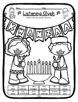 Preview of Kwanzaa Listening Glyph Elements of Music Coloring Worksheet Activity
