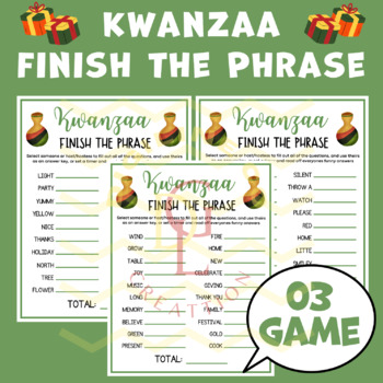 Preview of Kwanzaa christmas Finish the Phrase activity word problem crossword middle 5th