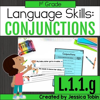 Preview of Conjunctions Worksheets, Practice, Anchor Charts 1st Grade Grammar L.1.1.g