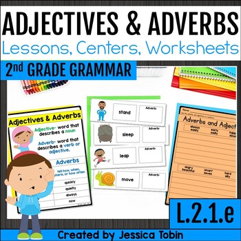 Preview of Adverbs and Adjectives Practice, Anchor Charts, Worksheets 2nd Grade L.2.1.e