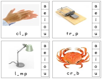 Preview of L233 (PDF): CVCC|CCVC missing vowel sound (clip cards) 4 letter words (5pgs)