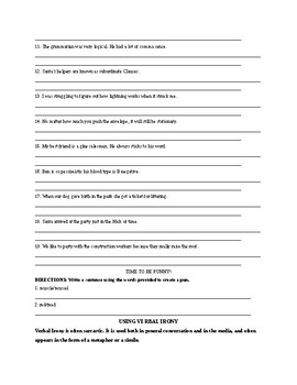 L8.5a Puns and Verbal Irony - Homework Worksheets by Taylor Taughts
