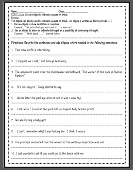 l82a commas ellipses and dashes worksheets and quiz tpt