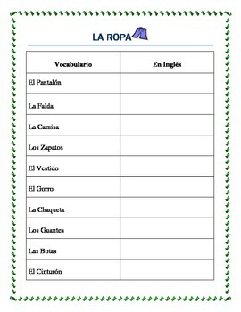 Preview of LA ROPA-Spanish Clothing-Vocabulary list/ Interactive Package-Distance Learning