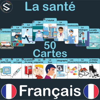Preview of LA SANTÉ, FRENCH "Health" Vocabulary Flashcards, (9x6cm). 50 noms et images.