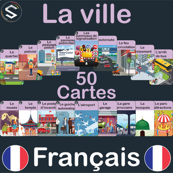 Preview of LA VILLE, FRENCH "Town" Vocabulary flashcards, (9x6cm). 50 Flashcards.