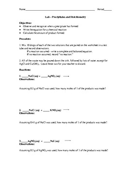 Preview of LAB Chemistry - Precipitates, Stoichiometry & Predicting Reaction Products