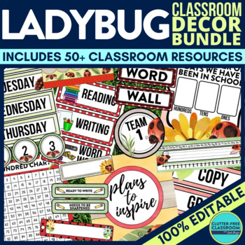 Preview of LADYBUG Classroom Decor Bundle Theme Polka Dots Insect Garden Flowers Ladybird